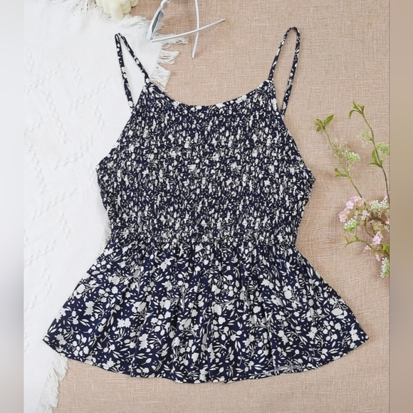 Tops - Floral Print Navy and White Women's Spaghetti Strap Scrunch/Flowy Top #MP